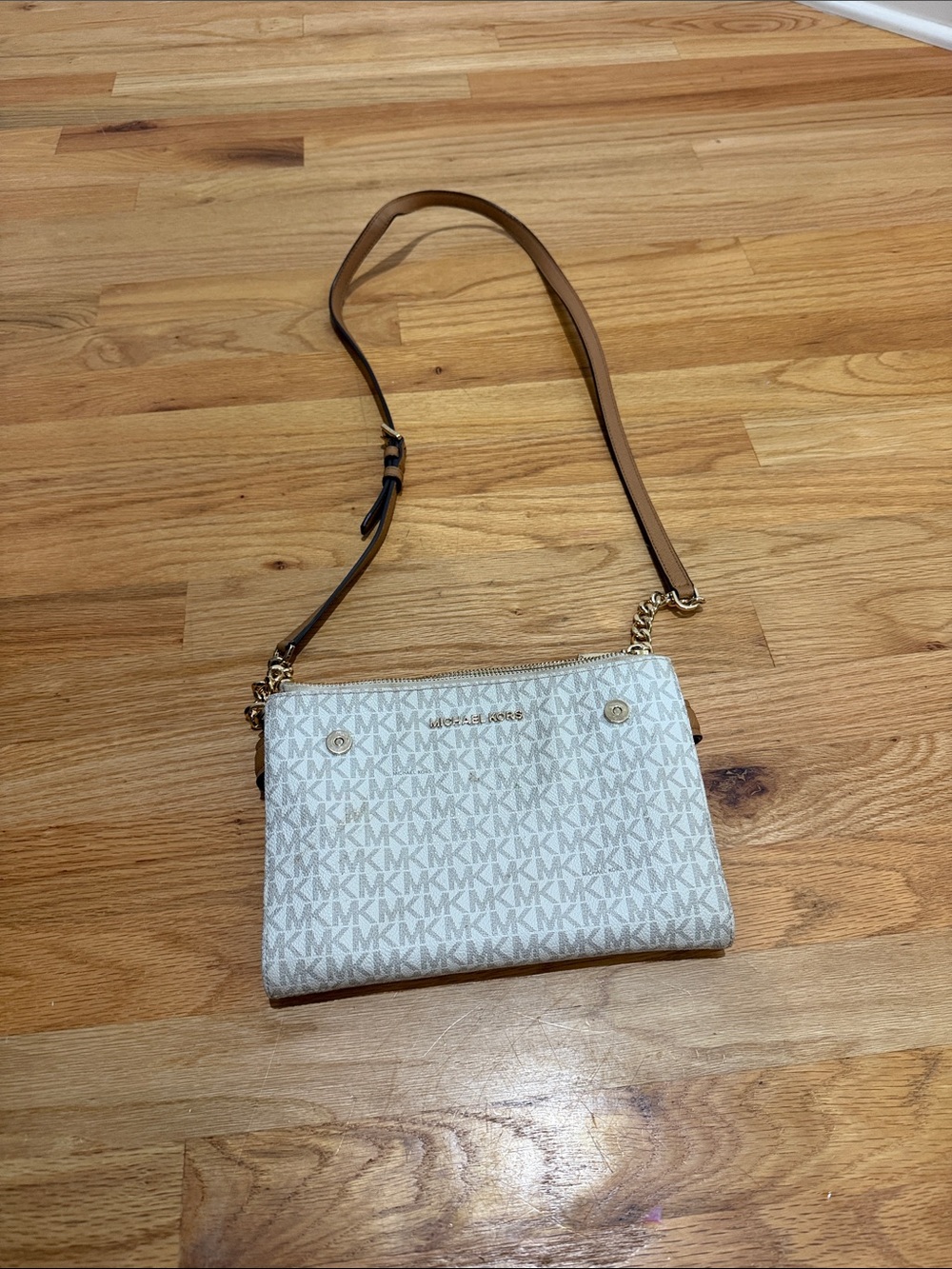 Michael Kors Cream MK Logo Crossbody with Brown Strap